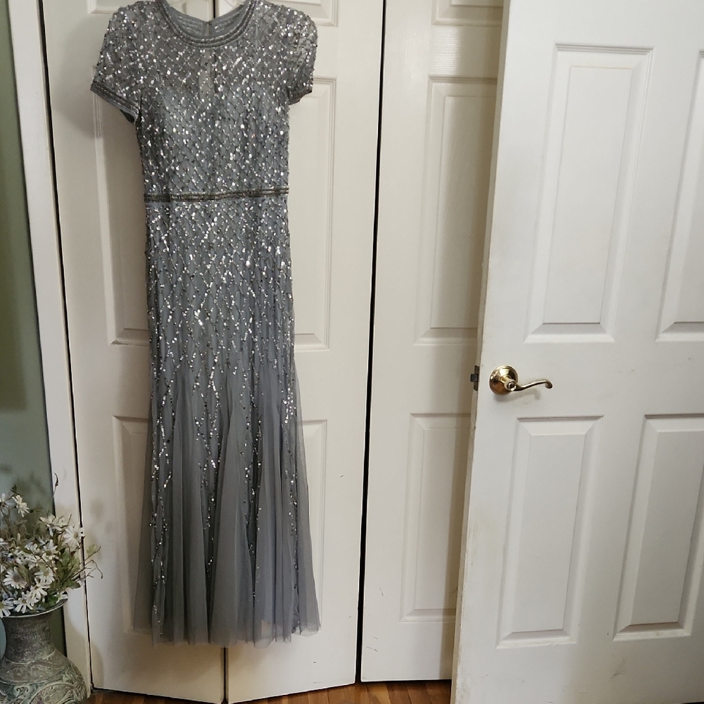 Adrianna Papell Gray Sequin Maxi Dress